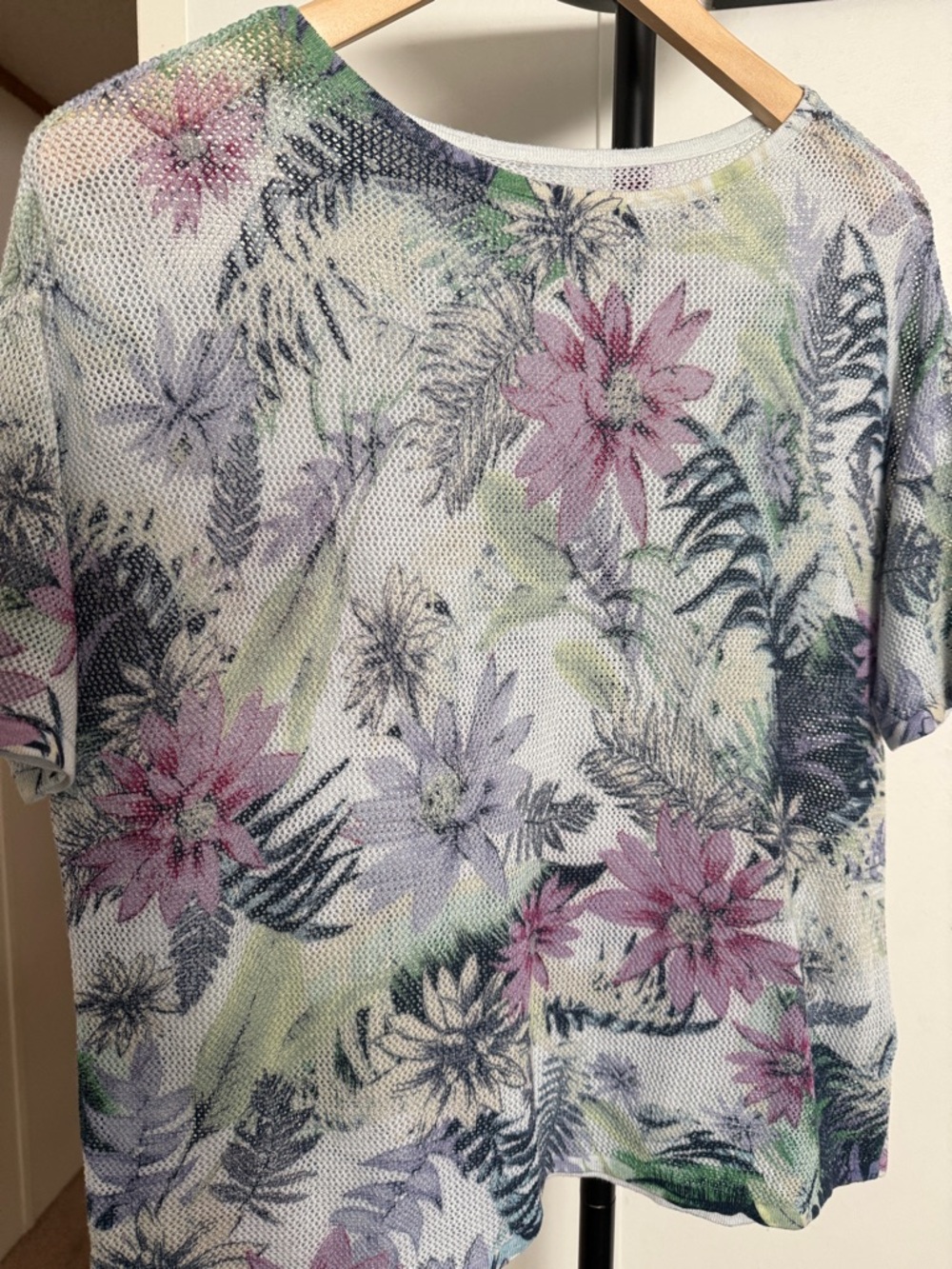 J. Jill Floral Linen Blend Mesh Short Sleeve Top in Pink, Lavender & Green